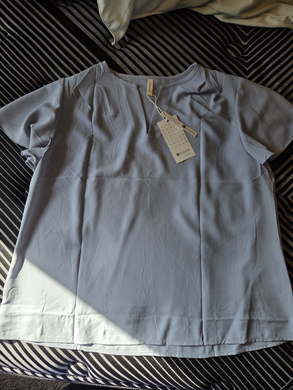 Pale Blue Short-Sleeve Pleated Blouse